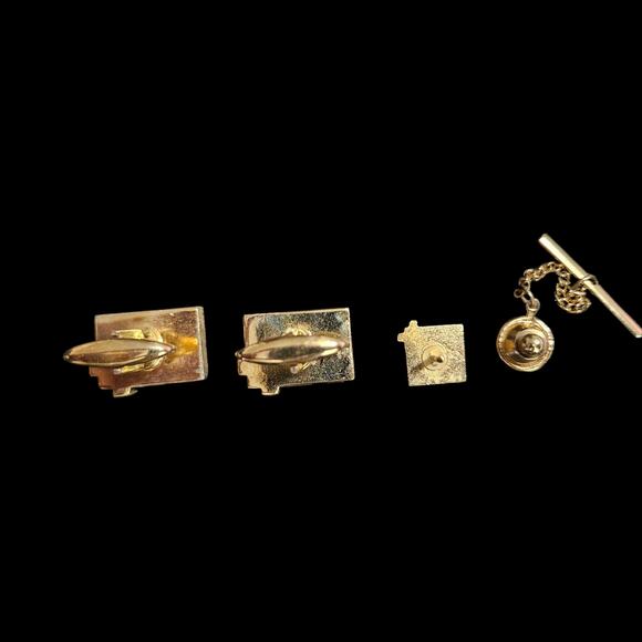 Swank Mosaic Inlay Cufflinks & Tie Tack Set Gold Tone 1960s Multi Stone - Picture 3 of 6